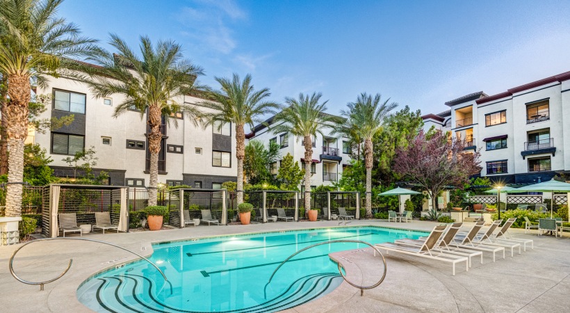 Pool Spacious sparkling pool with sundecks and cabanas for lounging.